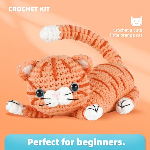 Image of MOREJMTT Crochet kit for Beginners Adults, Learn to Crochet, Include Easy Knitting Soft Yarn, Step-by-Step Video Tutorial, Hook, Holiday Birthday Gift (Orange cat)