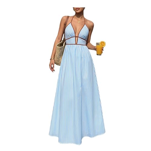JIARY Vestidos Verano Mujer Casual 2026, Vestido Playa Mujer, Vestido Largo De Verano con Rayas Azules,Escote En V Profundo,Tirantes Cruzados,Espalda Descubierta,Falda Amplia,Blue a,S