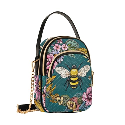 Womens Shoulder Handbag Vintage Bee Floral Dark Green Quilted Chain Strap Cell Phone Purse Cute Zipper Designer Bowler Tote, 5.9" × 8.3" × 3.1"2