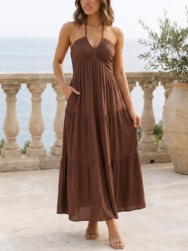 Image of Women's Casual Halter Tiered Vacation Maxi Dress with Pockets