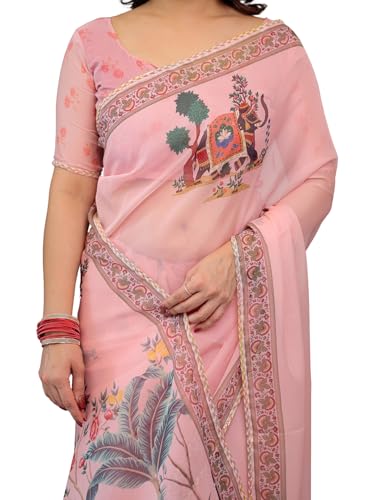 Image of ALMAARI FASHIONWomen's Floral Printed Organza Saree with Unstitched Blouse Piece | Traditional Ethnic Wear Sarees | Soft Lightweight Ethnic Office Wear Daily Wear Indian Sari (ORGANZA 121-130 H)