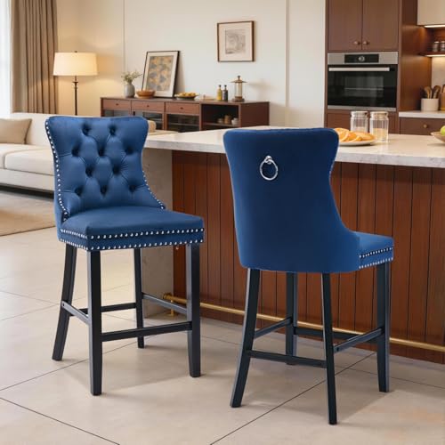 Set de 2 Butacas Velvet SoarNova con Respaldo Alto, Asiento Tapizado y Patas de Madera para Cocina, Color Azul miniatura 1
