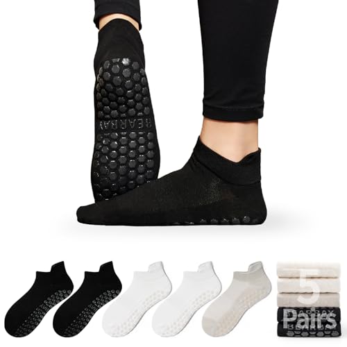 Image of Non-Slip Pilates Yoga Socks for Women Cotton Crew Striped Bow Embroidery for Barre Ballet Dance Workout
