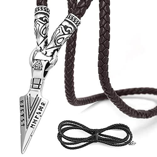 BaviPower Odin's Gungnir Spear Head Pendant with Black Leather Wolf Head Chain Necklace â™¦ 316L Stainless Steel â™¦ Nordic Scandinavian Viking Men Jewelry â™¦ Bonus Leather Chain