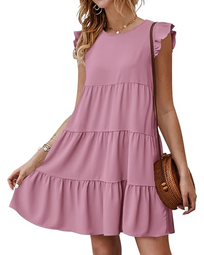 Image of KIRUNDO Summer Dresses for Women Sundress Sleeveless Ruffle Sleeve Round Neck Loose Short Flowy Pleated Mini Babydoll Dress