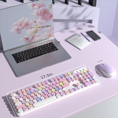 Colorful Wireless Keyboard and Mouse Combo, COVEVA 2.4GHz Wireless Retro Cute Round Keycaps Keyboard, 104 Keys Full-Sized Keyboard Mouse Set with Switch Button for PC Laptop Desktop (White Colorful) by COVEVA - Image 6