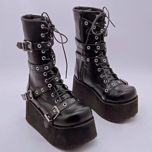 ZKXYFFS Platform Ankle Boots for Women Chunky High Heel Booties Goth Round Toe Combat Wedges Boots Buckle Studded Motorcycle Booties3