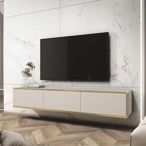 Komodee Banff TV175 – Meuble TV, façade Beige Lisse/chêne Artisan, Largeur 175 cm, Hauteur 30...