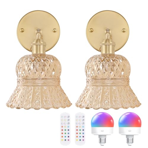 Image of Shenmoyl Vintage Battery Operated Wall Sconces Set of Two, Rechargeable Battery Powered Wall Sconce with Remote Control, Wireless Dimmable LED Light for Bedside Indoor Living Room (Amber Pineapple)