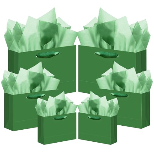 qiqee 24PCS Dark Green Gift Bags with Tissue Paper Assorted Sizes