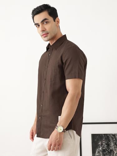 Image of Thomas Scott Men's | Solid | Half Sleeve | Slim Fit | Linen Blend | Spread Collar | Casual Shirt