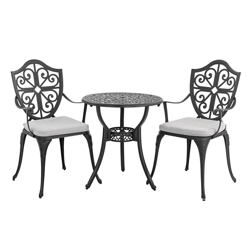 Image of NUU GARDEN Outdoor 3-Piece Bistro Set with Cushions, Round 24 Inch Cast Aluminum Bistro Table with 2.17 inch Umbrella Hole, 2 Cast Aluminum Bistro Chairs, for Patio, Garden, Backyard and Balcony, Black