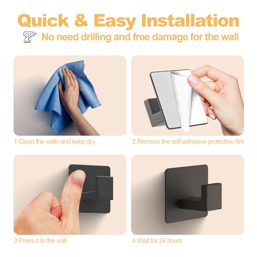 PMMASTO Black 4 Pack Self Adhesive Wall Hooks for Hanging, Stick On Wall Hanger Hook for Shower, Robe, Hat - Aluminium view 4