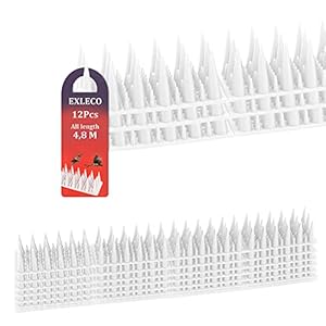 EXLECO Plastic bird deterrent, 4.8 meters, 12 pieces, pigeon repellent, 3 rows, longer bird spikes for cats, sparrows, martens, fence, windowsill, roof, transparent