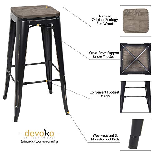 Devoko Metal Bar Stool 30'' Indoor Outdoor Stackable Barstools Modern Industrial Square Wood Top Bar Stools Set Of 4 (Black Gold) #TOP3