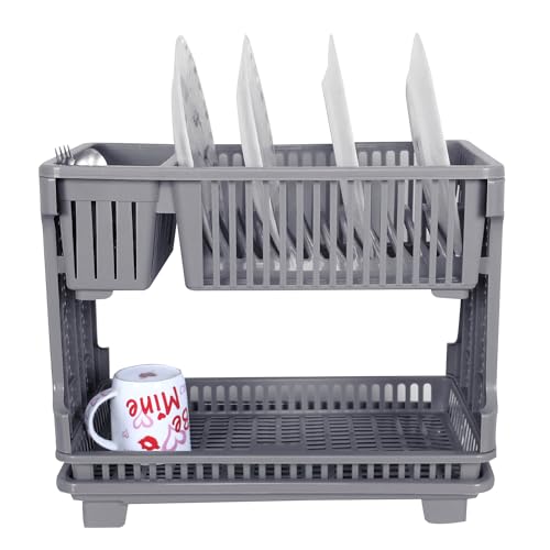 Image of Kuber Industries Dish Rack | Plastic Dish Rack With Drainer | Drying Basket With Tray | Kitchen Drying Rack With Tray | Bartan Stand For Kitchen | Bartan Jali Rack | Gray, 48X29X40 Cm