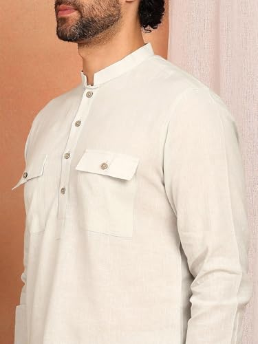 Image of See Designs Men's Full Sleeve Mandarin Collar Linen Solid Pathani Set