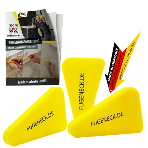 FUGENECK® - Profi Fugenabzieher - einzigartiges Design mit speziellen Überkanten - 3 verschiedene Fugengrößen - Acryl und Silikon Werkzeug aus Deutschland (3 Stück Gelb)