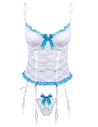 Evababy Sexy Bustier Corset Lingerie Set For Women Sheer Floral Lace Camisole Top Cheeky Thong With Garter Belt Plus Size Exotic Sleepwear White L #TOP3