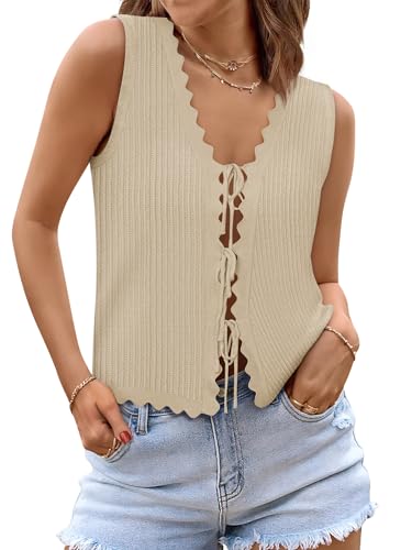 Image of COCCKO Womens Summer Tops Vacation Beach Outfits Cute Tie Front Crochet Vest Knit Sleeveless Sweaters