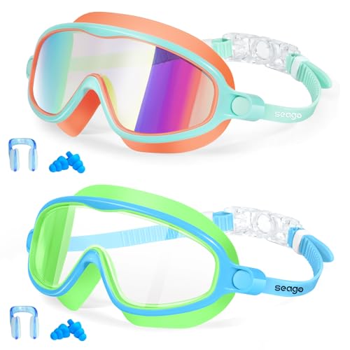 Seago Kids Goggles for Swimming 2 Pack No Leaking Anti-Fog Outer Eye Fit with Wide View UV Protection Crystal Clear Watertight Suitable for Children...