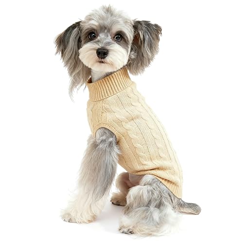 Image of Dog Sweater Soft Warm Turtleneck Knitted Clothes for Small Medium Large Pet | Comfy Wool Knit, Turtleneck & Classic Design, Easy on /off, Warm Winter Girls Boys Dogs Christmas Sweaters, Apricot, XXS