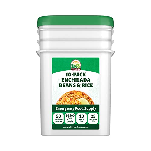 Image of Valley Food Storage Enchilada Beans & Rice | 50 Servings Emergency Food Supply | Premium Survival Meals, 25 Year Shelf Life | Prepper Food, Camping & Off Grid Living Supplies (10 Bags + Bucket)