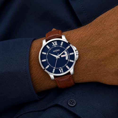 Matrix Antique Day & Date Leather Strap Analog Watch - Blue - Brown - Image 4