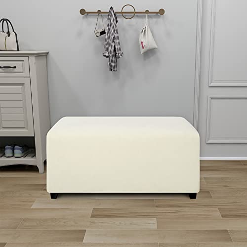 Image of PureFit Stretch Rectangle Ottoman Cover Footstool Cover, Ivory | Fleece Soft Form Fit Ottoman Slipcovers Rectangle Slipcover for Folding Storage with Nonslip Elastic Bottom