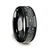 PERMIAN Blue Dinosaur Bone Inlay on Black Ceramic Wedding Band Beveled Edged Ring 8mm Size 10