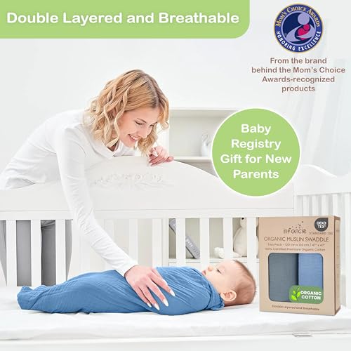 Image of Organic Muslin Baby Blanket 2-Pack Slate & Aquarius, 47x47 Inch, 100% Organic Cotton Oeko-TEX Certified Hypoallergenic Swaddle Blanket for Newborn Boy, Baby Boy Shower Gift