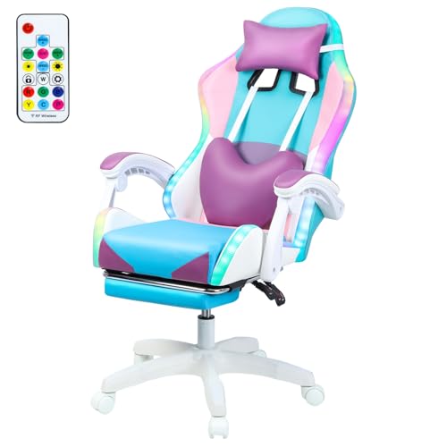 Yokawe Silla de juego con luz LED RGB integrada, silla de juego con reposacabezas, respaldo y cojín, silla de oficina ergonómica con reposapiés, 136 kg, color morado