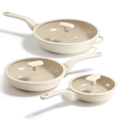 Image of PRICUSIS 8Pcs Ceramic Nonstick Frying Pan Set with Lid, 8+10+12 Inch Induction Compatible Skillet with Stay Cool Handle, Fully Coated, 100% Dishwasher Safe, PFAS & PTFE & PFOA Free (Coconut White)