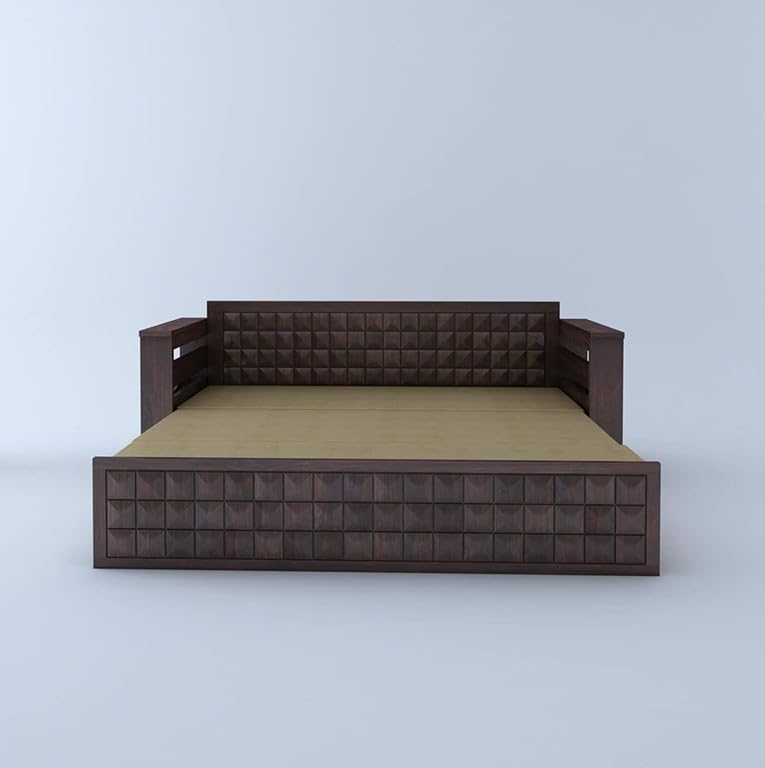 Image of Solid Sheesham Wood Sofa Cum Bed 2 Seater | Wooden Foldable Double Bed for Living Room with Storage | Bed Cum Sofa with Mattress for Home | Full Diamond Design (Walnut Finish)