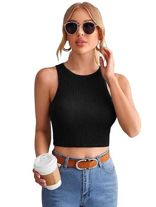 Image of SriSaras Women's Black & White Cotton Strechable Tank Tops /Crop Tops