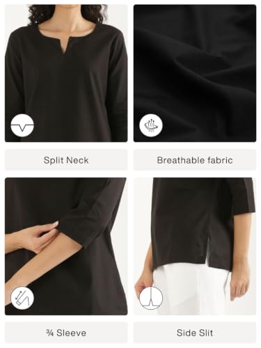 Image of SAADAA Airy Linen Split Neck Short Kurta for Women | Casual & Office Wear | 3 /4 Sleeves, Comfortable Fit | Elegant Top | Lightweight & Breathable Fabric |