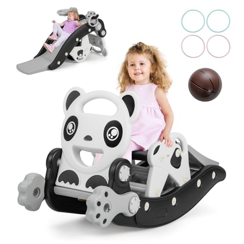 COSTWAY 5 in 1 Kinder Rutsche, Schaukelpferd, Kinderrutsche mit Basketball & Ringspiel für Kleinkind von 1-5 Jahren, Kinder Spielplatz Indoor & Outdoor (Schwarz-Panda)