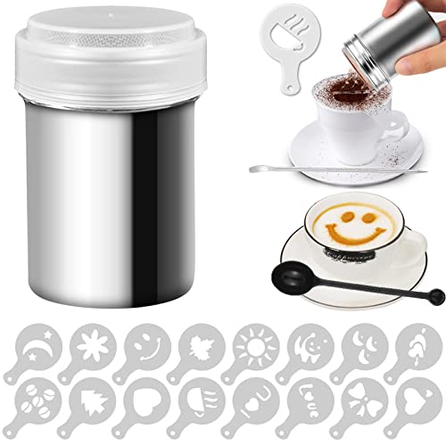 Salière à chocolat en acier inoxydable - Avec 19 pochoirs à café - Avec cuillère à café et stylo - Pour café, cappuccino, cacao, poudre de chocolat Cover