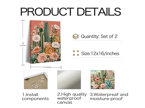 Image of Frimeeme Framed Cactus Wall Art Set of 2,12x16 inch | Vintage Cactus Desert Floral Wall Decor Paintings for Living Room Bedroom Bathroom