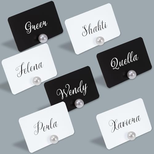 CebraBounze 30 Pcs Decorative Pearl Place Card Holders Bulk, Elegant Imitation Pearl Name Card Holder Stands with White & Black Cards for Wedding Party Office Dessert Table Decor