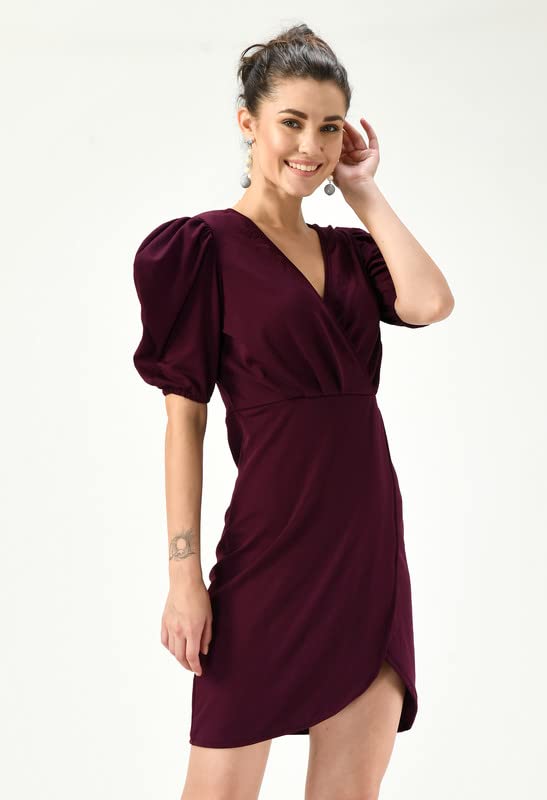 Image of Women's Puff Sleeve V-Neck Bodycon Casual Mini Dress