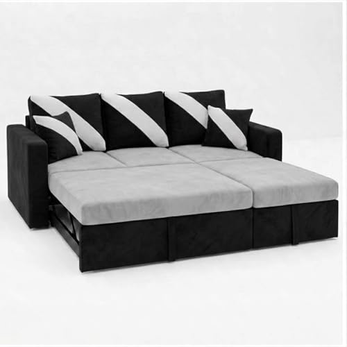 Image of FURNY Trivia 4 Seater RHS Lounger Sofa Cum Bed (Light Gray - Black) with Pull-Out Function | Luxury Velvet Suede Finish | Durable Comfort | Ideal for Living Room