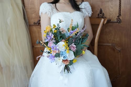Ramo de boda Cosmos blanco y amarillo 12 pulg miniatura 5