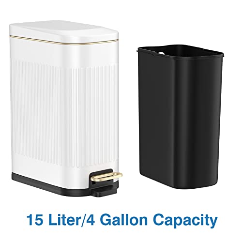 Image of BETHEBEST Bathroom Trash Can with Lid,4 Gallon /15L Rectangular Garbage Can with Removable Inner Wastebasket,Soft Close, Step Stainless Steel Trash Can for Bathroom,Kitchen,Office(White)