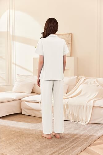 Image of Ekouaer Women's 100% Cotton Pajamas Set Short Sleeve Button Down Pjs 2 Piece Soft Sleepwear with Long Pants Lounge Set