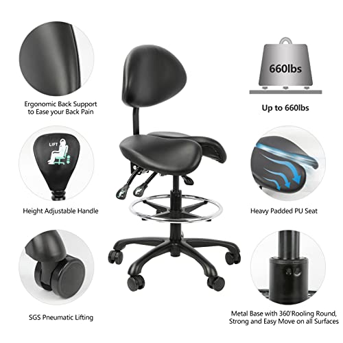 GELTTULU Ergonomic Split Style Saddle Stool , Dental Assistant Chair Stool 7.9‘’ Height with Adjustable Footring and Heavy Base for Dental Labs Exam Rooms