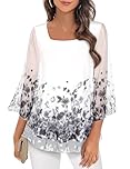 Syphiby 3/4 Sleeve Tops For Women UK, Womens Chiffon Blouse Casual Square Neck Tunic Tops Loose Flowy Ruffle Blouse Flowy Tunic Ladies Floral Shirts