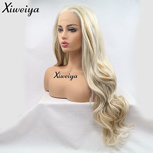 Miniatura 4 de Xiweiya Pelucas largas onduladas de cuerpo mixto, rubio dorado, peluca de encaje frontal, peluca de cabello sintético ondulado natural resistente al