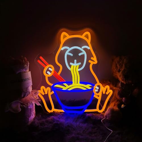 Image of Capybara Ramen Noodles Neon Sign, Cute LED Wall Light for Kitchen, Restaurant, Anime Room, USB Powered Ramen Bowl Neon Light for Food Lovers, Japanese Decor for Bar or Gaming Room
