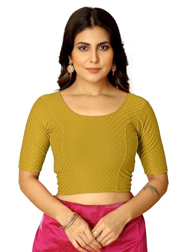 Image of Amazon Brand - Anarva Round Neck Dobby Cotton Lycra Stretchable Elbow Half Sleeve Readymade Saree Blouse for Women Stylish